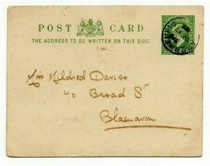 GB Wales KEVII Postal Stationery Card Glamorgan *ABERKENFIG* CDS 1907 MZ601