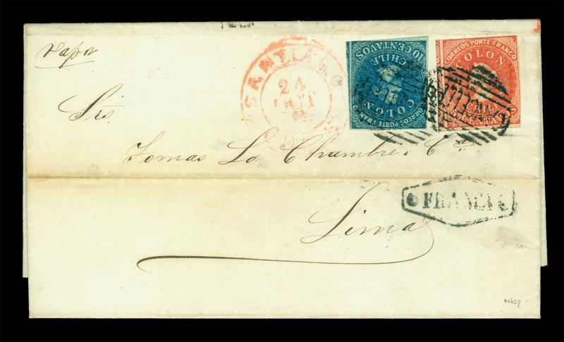 CHILE 1866 COLUMBUS - mixed franking - 5c + 10c Sc# 12+14 steamship cvr to PERU