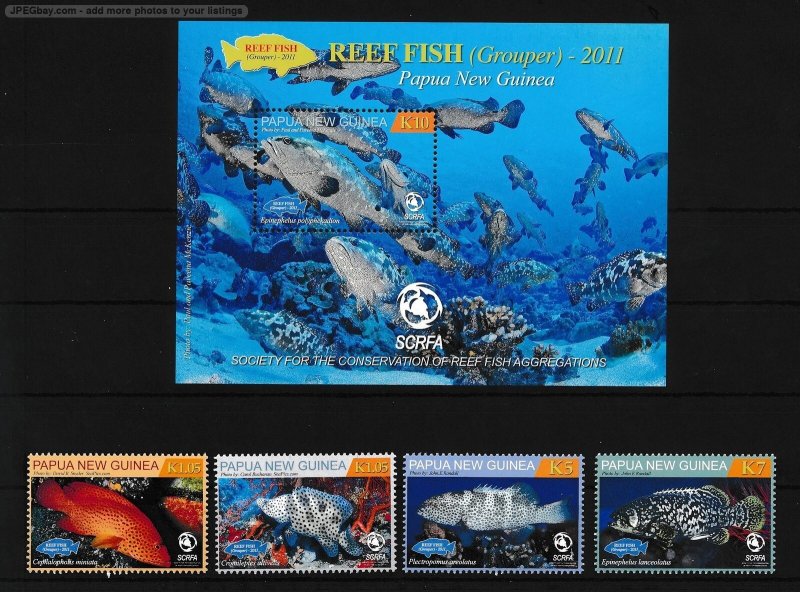 [120951] Papua New Guinea 2011 Marine life Reef fish Grouper Set + sheet MNH