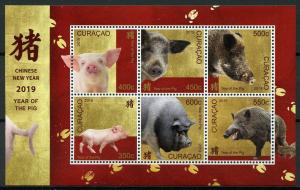 Curacao 2019 MNH Year of Pig 6v M/S Pigs Chinese Lunar New Year Stamps