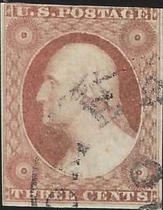 US Scott #10 Used Fine 3 Cent 1851 Orange Brown George Washington Stamp