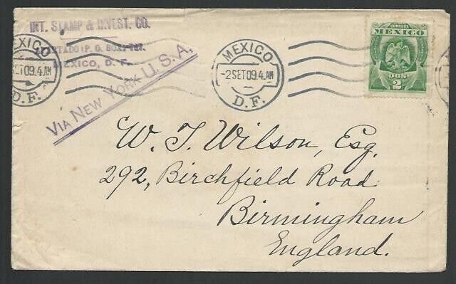 MEXICO 1909 2c on cover to UK - Mexico machine cancel......................10609