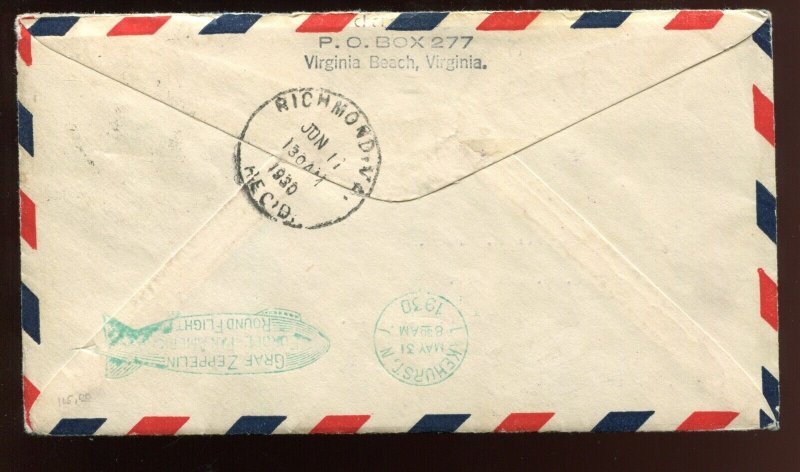 C13 Graf Zeppelin Block w/PLATE # on APRIL 26 1930 Cover to Virginia LV9717