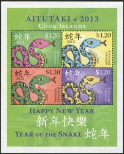Aitutaki 599 ad sheet,MNH. New Year 2013,Year of the Snake.