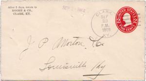United States Kentucky Clark 1909 4a-bar  1894-1933  Postal Stationery Envelope.