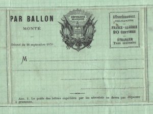 France BALLON MONTE 1870 Letter-Sheet Algeria 20c Green Paper PROPAGANDA MA1038