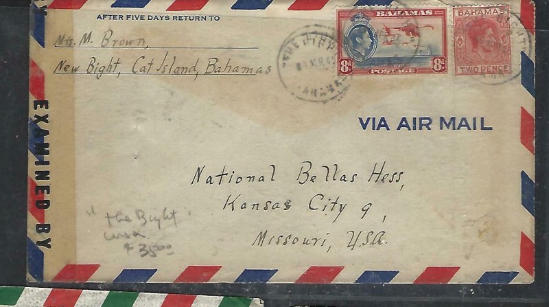 BAHAMAS COVER (PP2909BB) 1944 KGVI  8D+2D CENSOR THE BIGHT TO USA