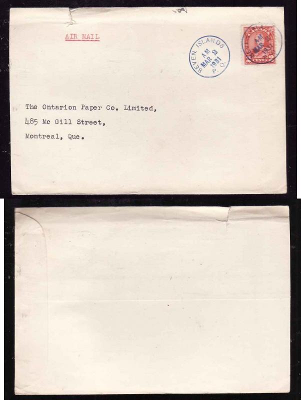 Canada- #8695-2c KGV-Seven Islands, PQ-Mar 2 1931- to Montreal-Air Mail in red