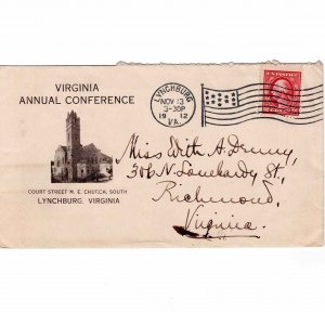 USA 1912 Sc 406 Cover Lynchburg to Richmond Virginia United Methodist Church