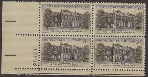 Scott # 1081 1956 3c blk brn  Wheatland  Plate Block - Lower Left - Mint 