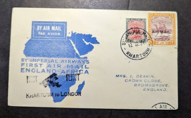 1931 Sudan Airmail First Flight Cover FFC Khartoum to Bromsgrove England