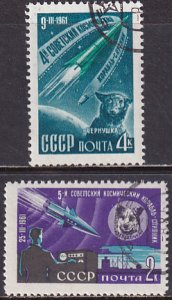 Russia 1961 Sc 2491-2 Sputnik 9 & 10 Dog Zvezdochka Space Earth Orbit Stamp CTO