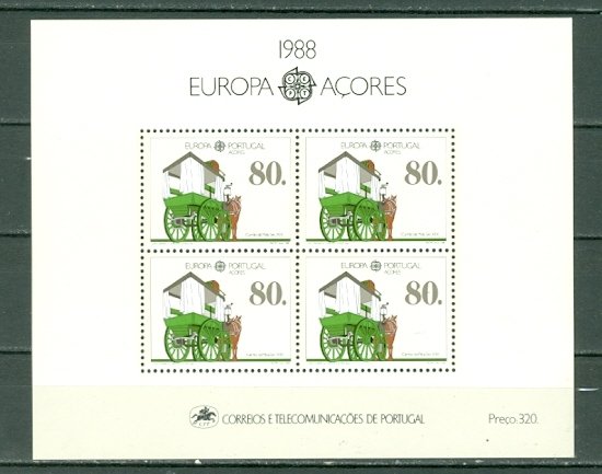 PORTUGAL-AZORES 1988 EUROPA-MAIL TRANSPORT. #370a SOUV. SHEET MNH...$7.00