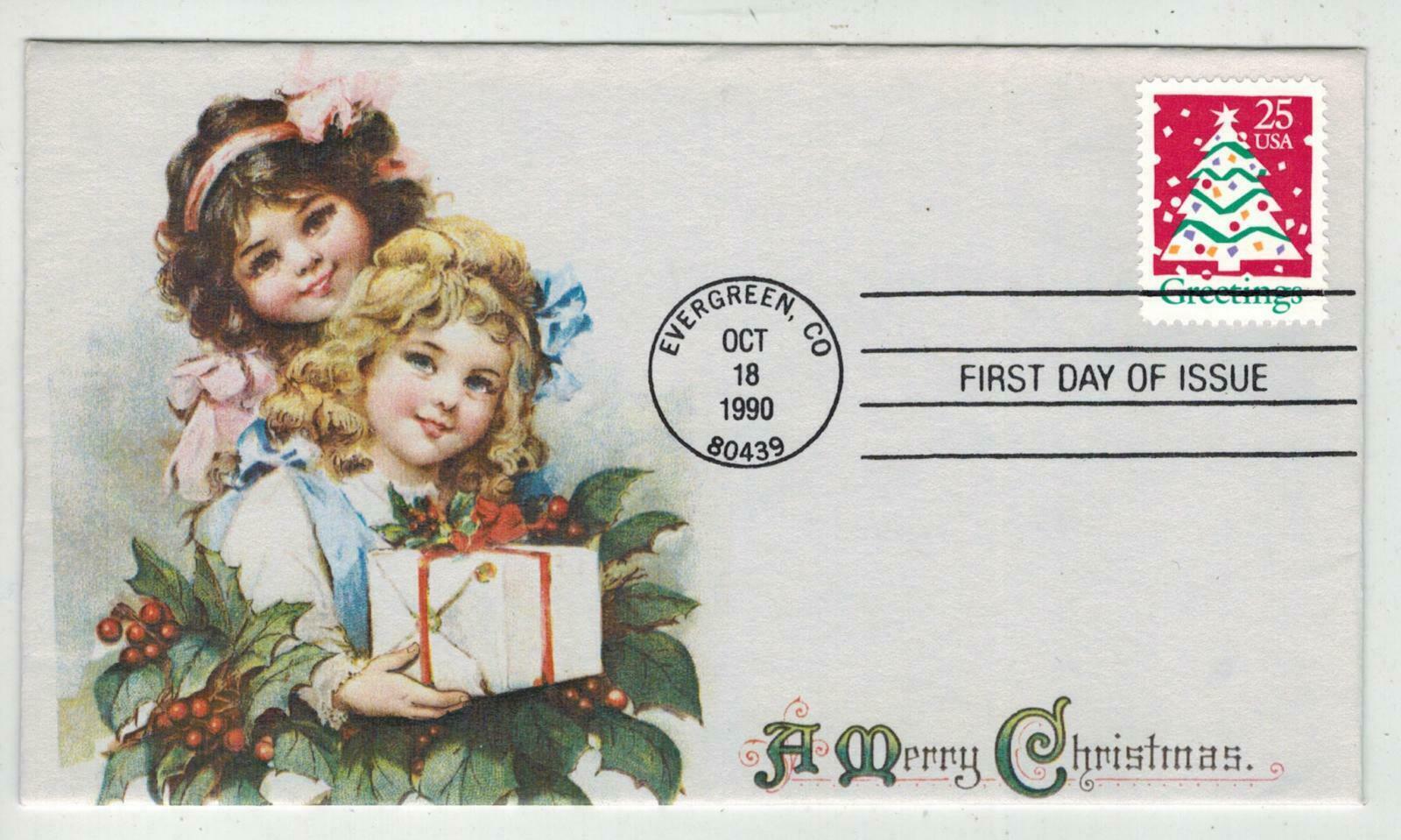 KMC ALLOVER COLOR LASER FDC 1990 Merry Christmas Evergreen Colorado
