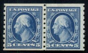 US #396 5¢ blue, Coil Paste-Up Pair, og, NH, VF, Miller certificate, Scott $375.