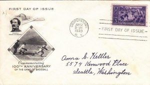 1939, 3c, 100th Anniv. of Baseball, FDC, Artcraft Cachet (38995)