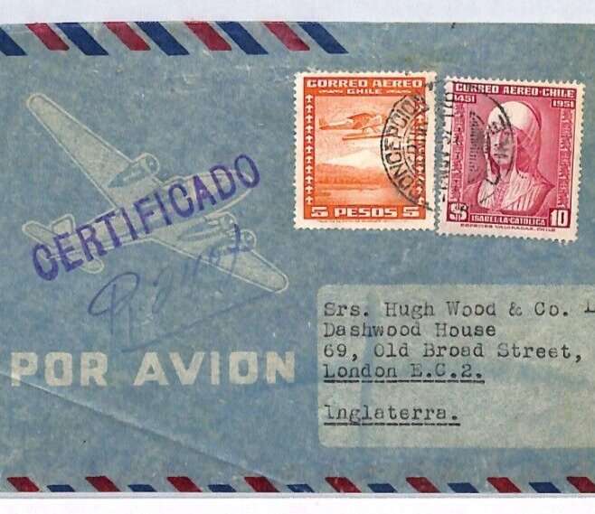 CHILE Air Mail Cover 5 Pesos SEA-PLANE Concepcion 1952 London {samwells}YV100