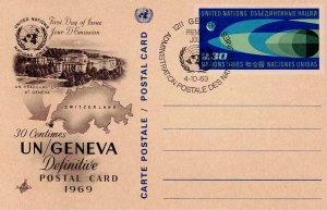 United Nations Geneva 1969 FDC Sc UX2 Artcraft Cachet UN Postal Card