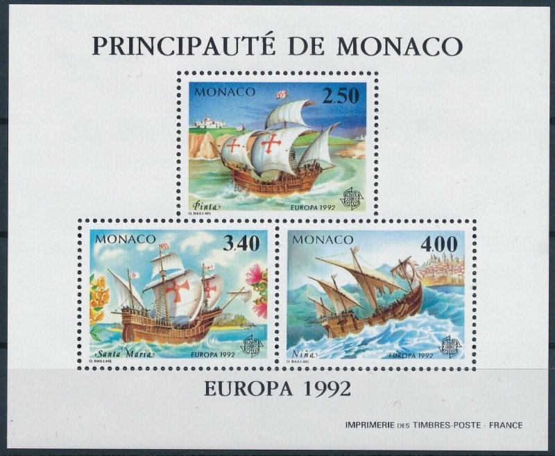 [I876] Monaco 1992 Europa Boats good special sheet very fine MNH $170