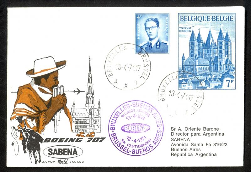 BELGIUM FFC 1971 SABENA First Flight Cover to BUENOS AIRES ARGENTINA