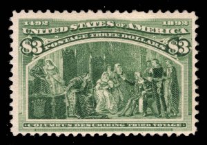 US STAMPS # 243 $3 COLUMBIAN MINT OG H CV. $1,500 LOT #11293