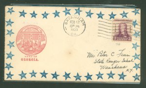 US 726 1933 3c Oglethorpe addressed first day used on an original Civil War covers with a Georgia cachet.