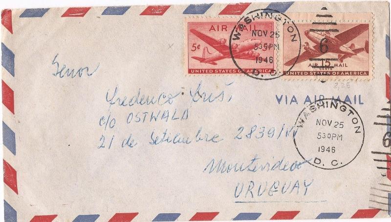 US 1948 A/M cover 5c + 15c to Uruguay (bam) 