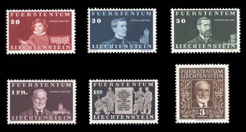 Liechtenstein #160-165 Cat$52.50, 1940 20rp-3fr, complete set, never hinged