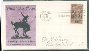 US 897 1940 3c 50th Anniversary Of Wyoming Statehood / Single on an addressed FDC with a Pade Cachet