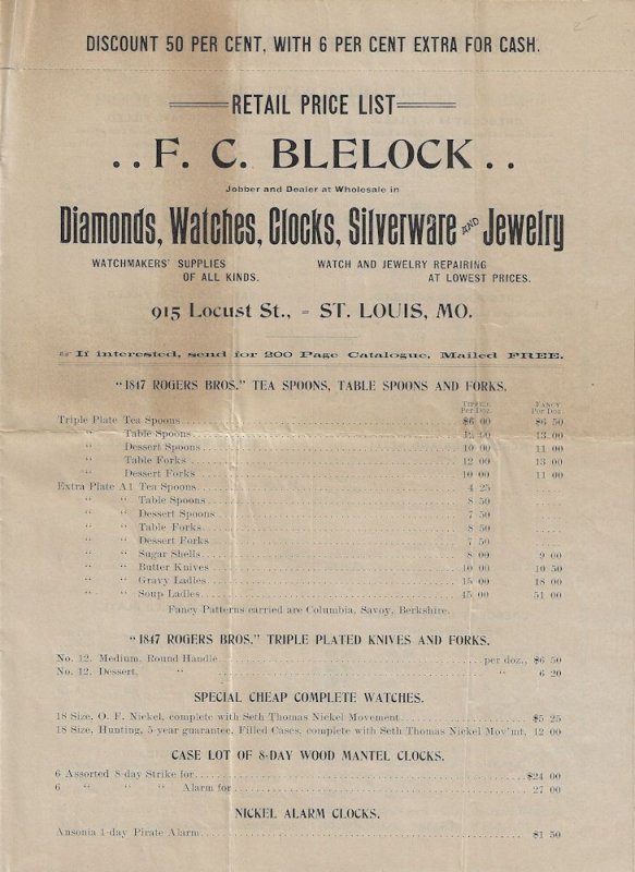 1900s - Watch and Fine Goods Wholesaler Pricelist - Ephemera 1113