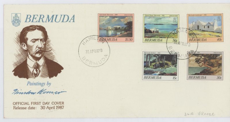 Bermuda 514-518 1987 Winslow Homer paintings; set of five on a cacheted unaddressed first day cover.