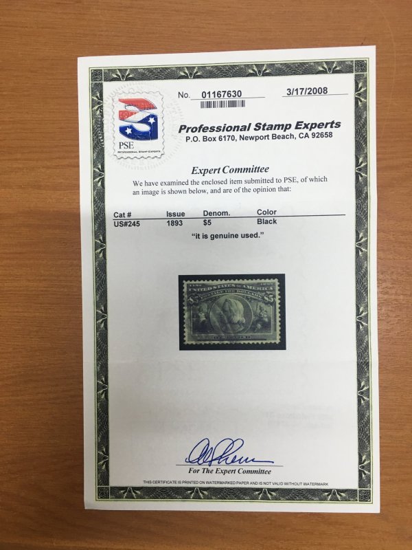 momen: US Stamps #245 $5 Columbian Used SUPERB PSE Cert