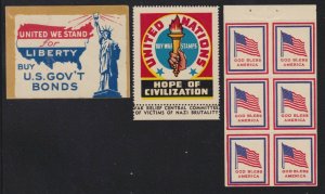 US 3 Vintage Patriotic United States, United Nations, Flag Cinderella Stamp L87