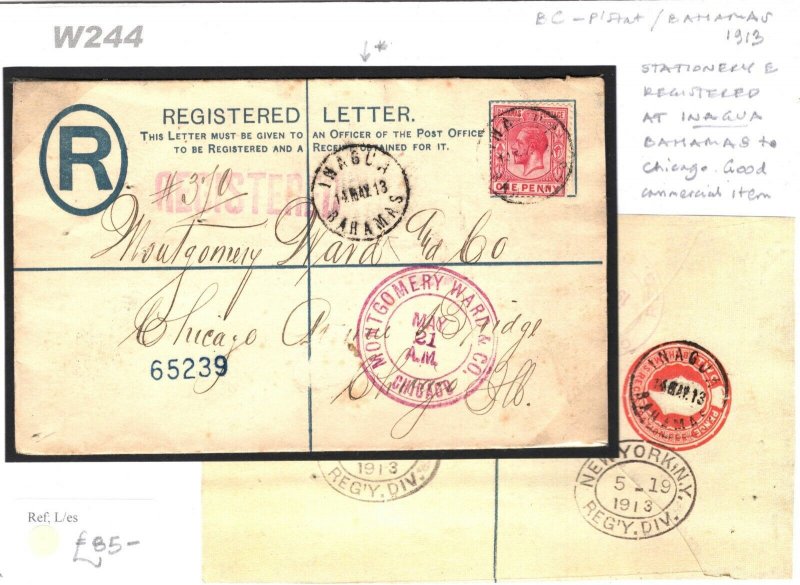 BAHAMAS KGV Cover Registered *Inagua* Postal Stationery USA Chicago 1913 W244