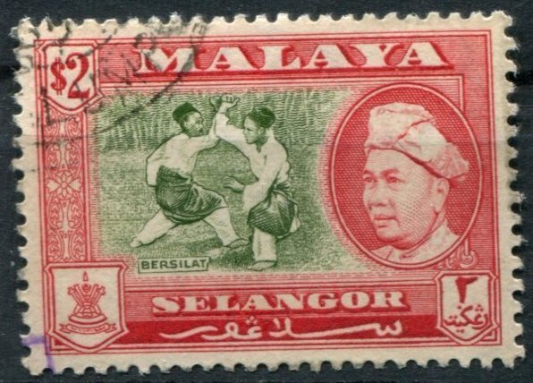 Selangor Sc#111 Used, $2 red & grn, Views of Malaya and Sultan Hisamud-din Al...
