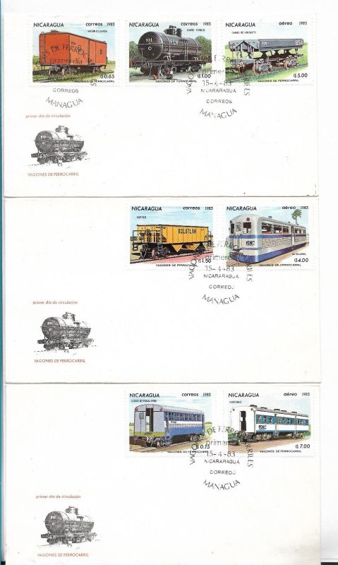 NICARAGUA 1983 TRAINS RAILWAYS WAGONS COMPLETE SET ON 3 COVERS FDC