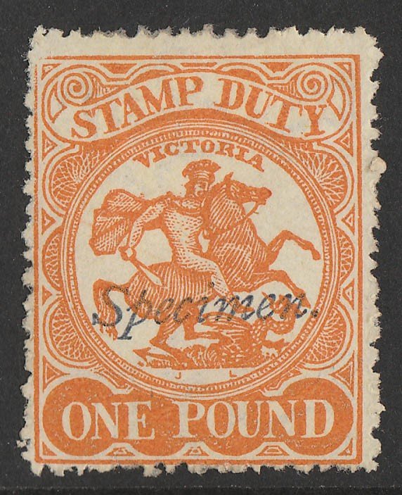 VICTORIA : 1884 Arms Stamp Duty £1 orange typo, perf 12½, Specimen.