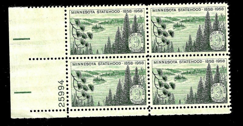 US 1958 Sc# 1106 3 c Minnesota Statehood  Mint NH Plate Block of 4