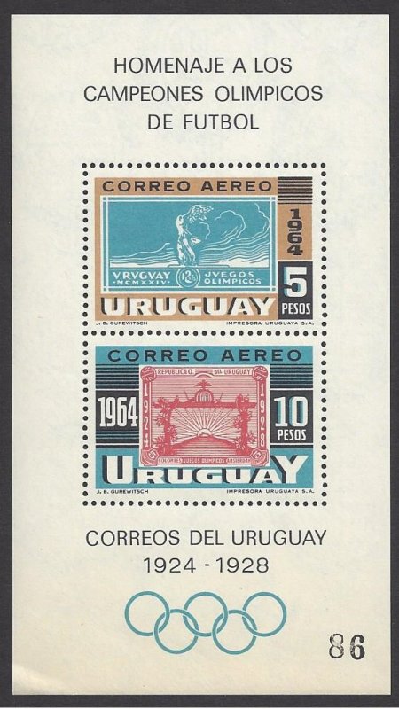 Uruguay #282 MNH ss, stamps of 1924 & 28, 18th Olympics Tokyo, issued 1965