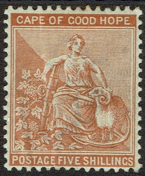 CAPE OF GOOD HOPE 1893 HOPE SEATED 5/- BROWN ORANGE WMK ANCHOR 