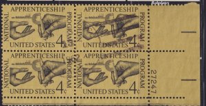 BOBPLATES US #1201 Apprenticeship Lower Right Plate Block #27247 Postally Used