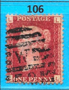 GB QV 1868 SG43 / 44, 1d Penny Red, Good Used, Plate 106 (LL)
