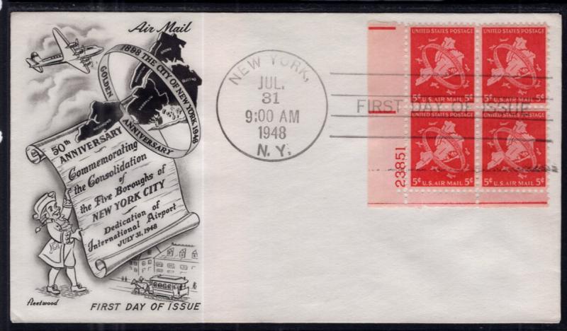 US C38 Five Bouroughs Plate Block Fleetwood U/A FDC