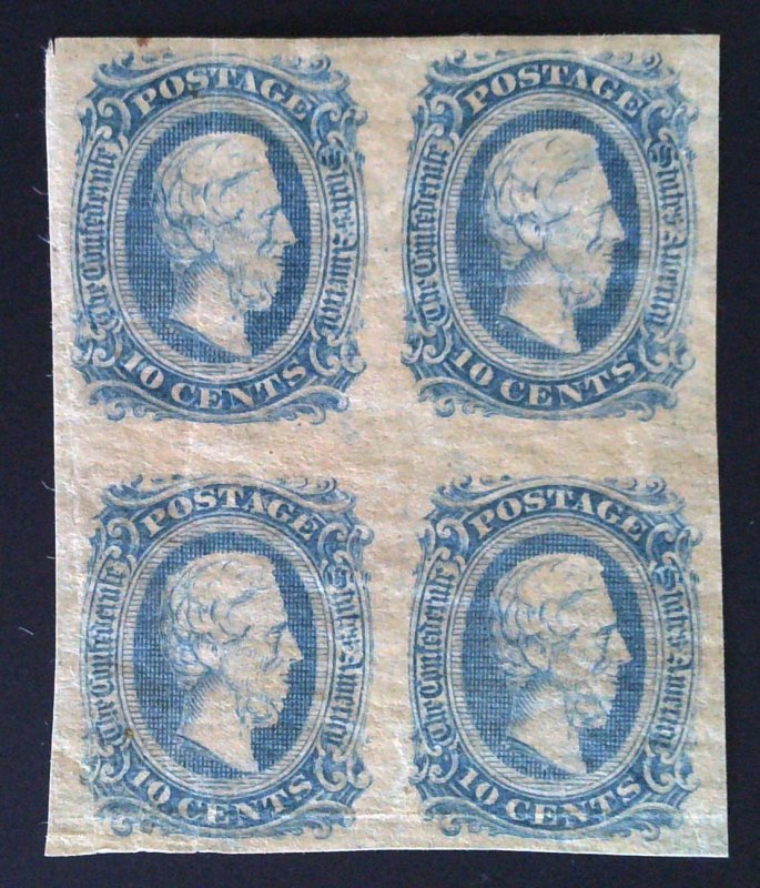 Scott CSA #11 - 10c Blue - Jefferson -  Block of 4 - Unused - 1863-64