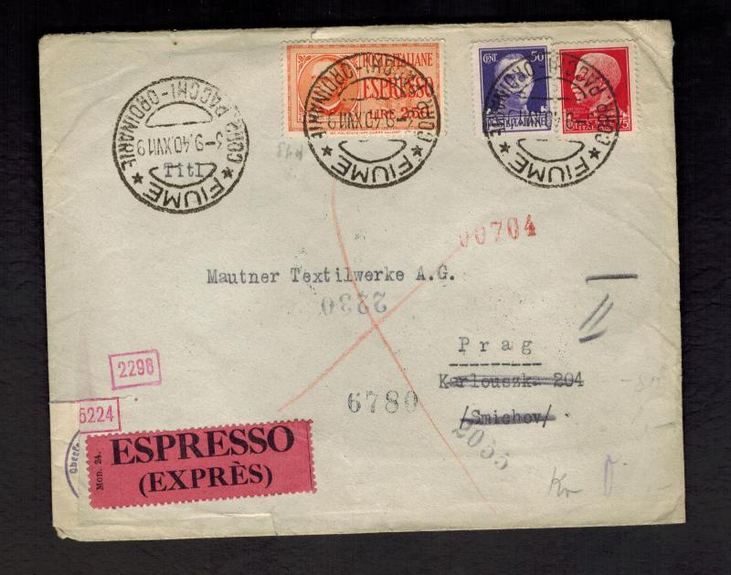 1940 Fiume Italy Censored Cover to Prague Czechslovakia Express Mail