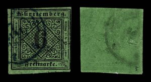 4119: Wurttemberg SG5 6 Kreuzer Black on Green. 1851. Sc#4 Mi3aI Fine Used. C£47