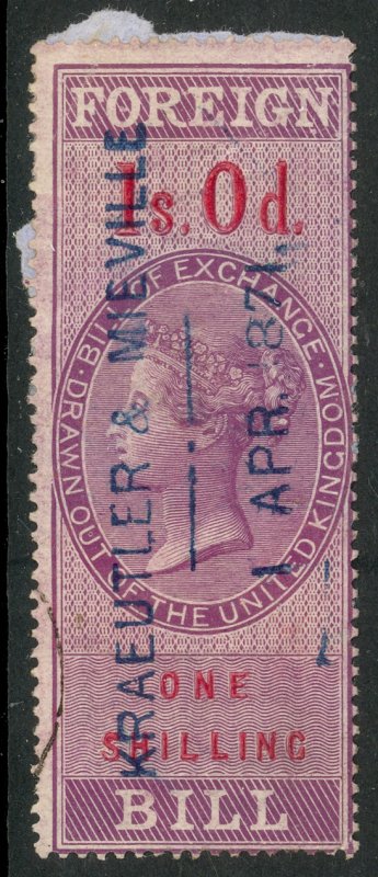 GREAT BRITAIN 1857 QV 1sh FOREIGN BILL Revenue Bft. 56  VFU