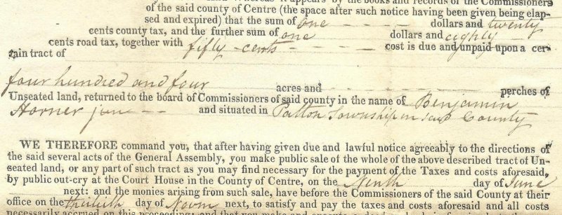 ​3/7/1828 document/cover Patton Centre Cnty Tax Sale 404 acres@$4.50/acre Horner