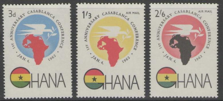 GHANA SG277/9 1962 1st ANNIV OF CASABLANCA CONFERENCE MNH