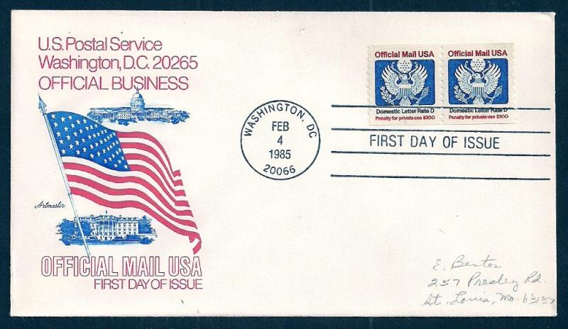 UNITED STATES FDC (22¢) 'D' Rate COIL Official 1985 Artmaste